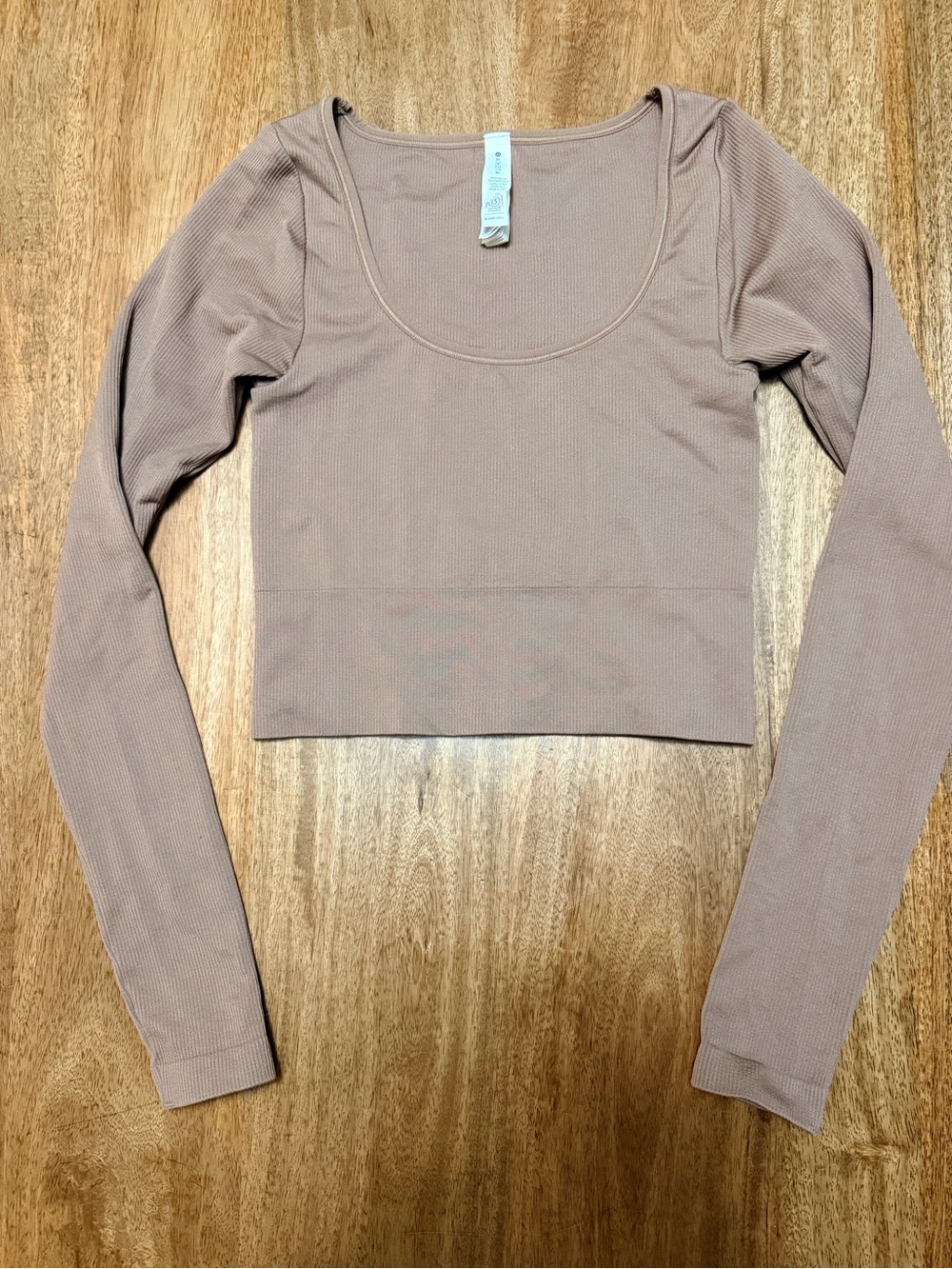 Athleta Ribbed Long Sleeve Scoop Neck Crop Top - Taupe